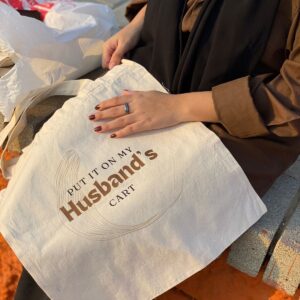 Put it on my husband's cart cotton tote bag