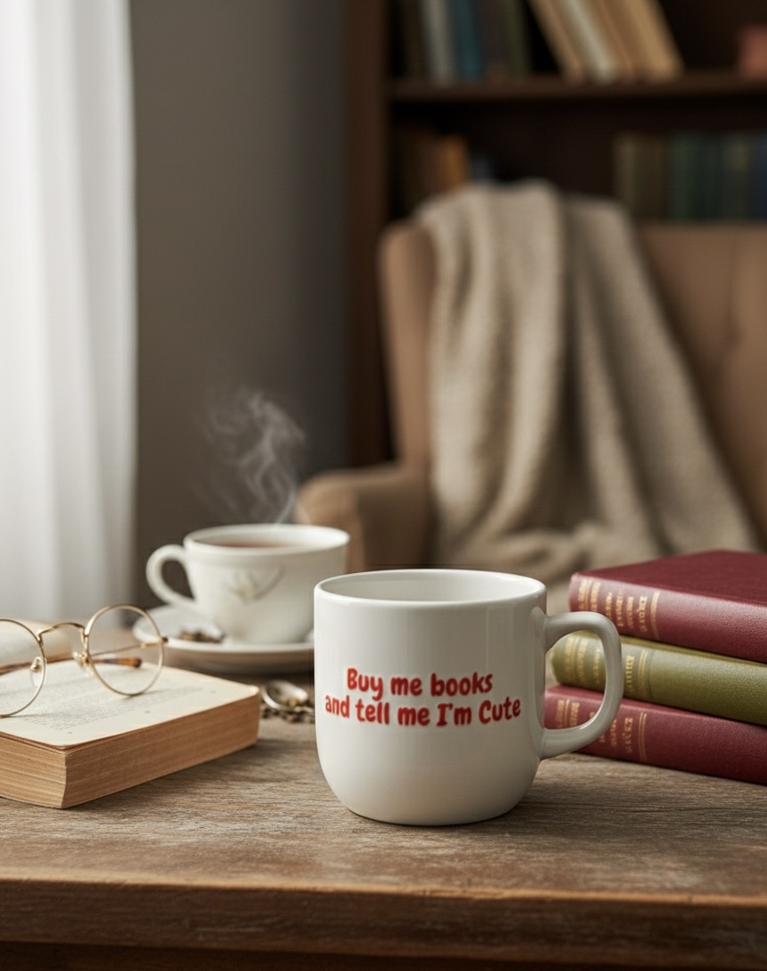 "Buy Me Books and Tell Me I’m Cute" Aesthetic White Ceramic Mug
